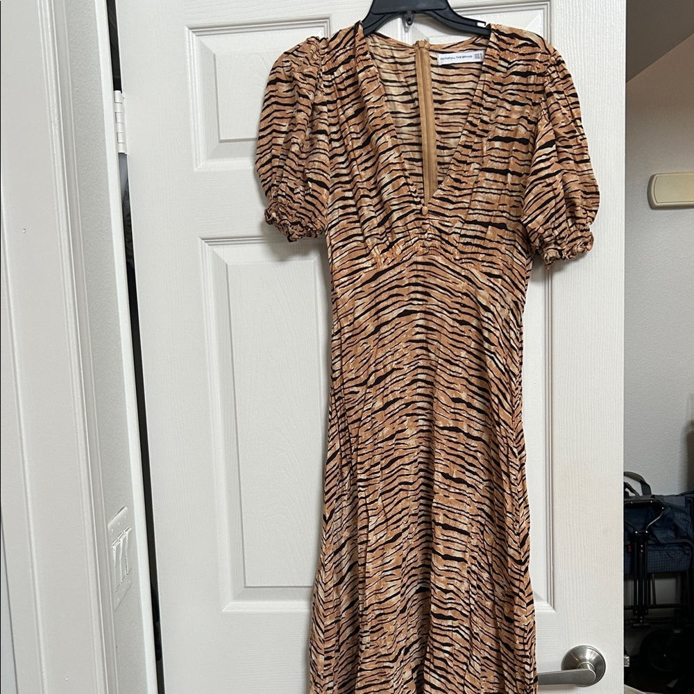 Faithfull the Brand Tan and Black Striped Midi Dress